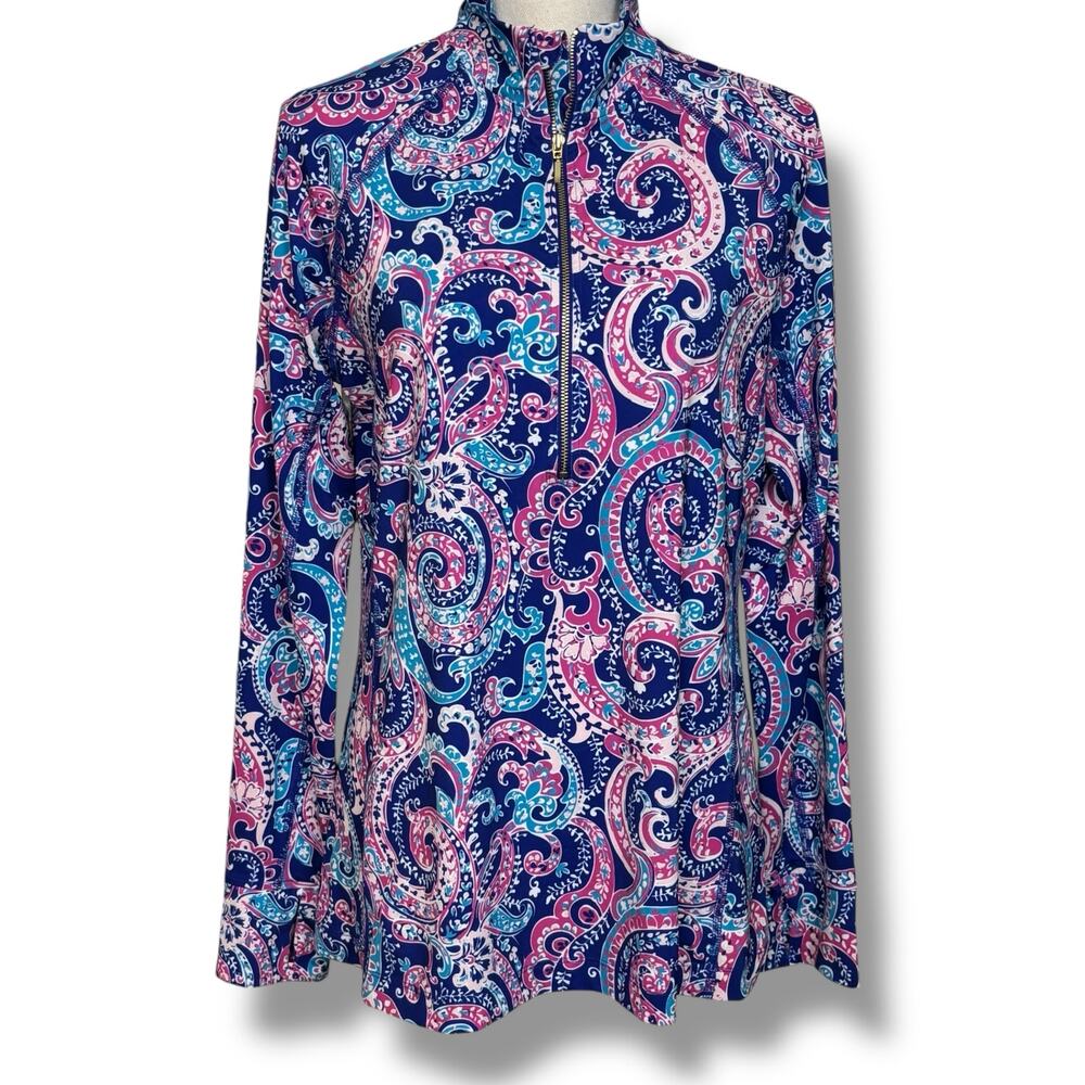 Crown & Ivy Quarter Zip Blue & Pink Paisley Pullover Top Size Medium